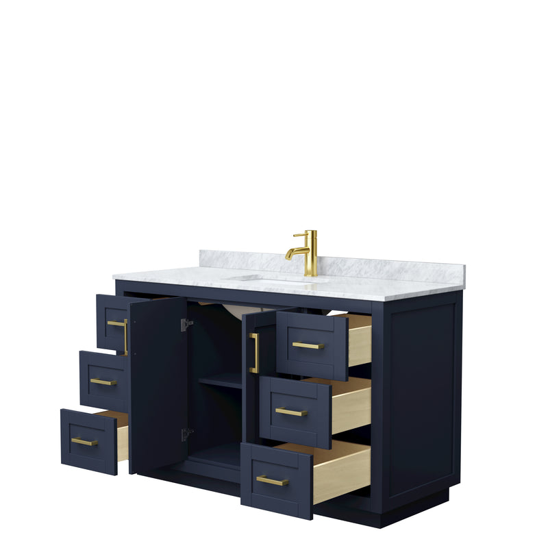 Wyndham Miranda 54" Single Bathroom Vanity In Dark Blue White Carrara Marble Countertop Undermount Square Sink Brushed Gold Trim WCF292954SBLCMUNSMXX