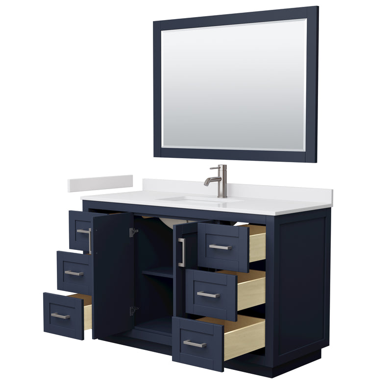 Wyndham Miranda 54" Single Bathroom Vanity In Dark Blue White Cultured Marble Countertop Undermount Square Sink Brushed Nickel Trim 46" Mirror WCF292954SBNWCUNSM46