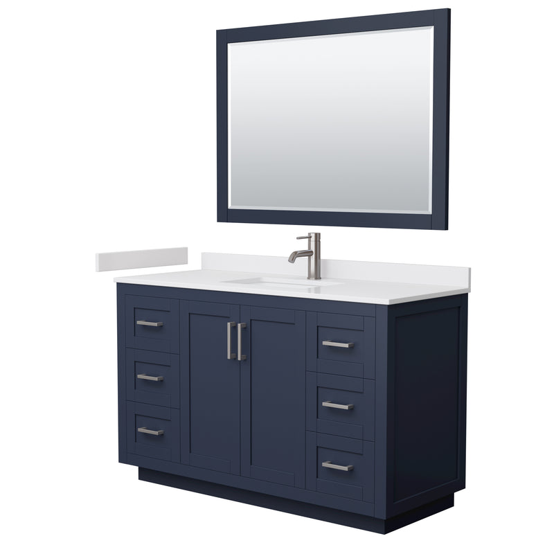 Wyndham Miranda 54" Single Bathroom Vanity In Dark Blue White Cultured Marble Countertop Undermount Square Sink Brushed Nickel Trim 46" Mirror WCF292954SBNWCUNSM46