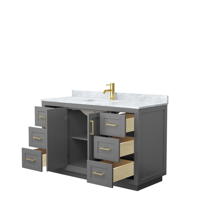 Wyndham Miranda 54" Single Bathroom Vanity In Dark Gray White Carrara Marble Countertop Undermount Square Sink Brushed Gold Trim WCF292954SGGCMUNSMXX