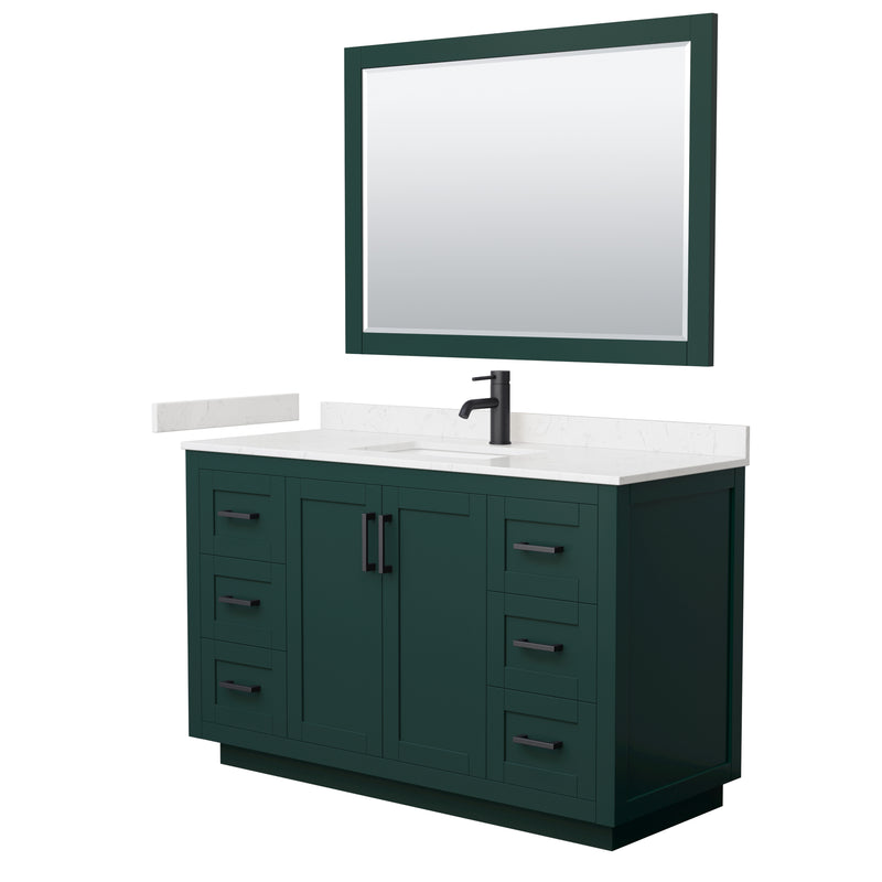 Wyndham Miranda 54" Single Bathroom Vanity In Green Light-Vein Carrara Cultured Marble Countertop Undermount Square Sink Matte Black Trim 46" Mirror WCF292954SGKC2UNSM46