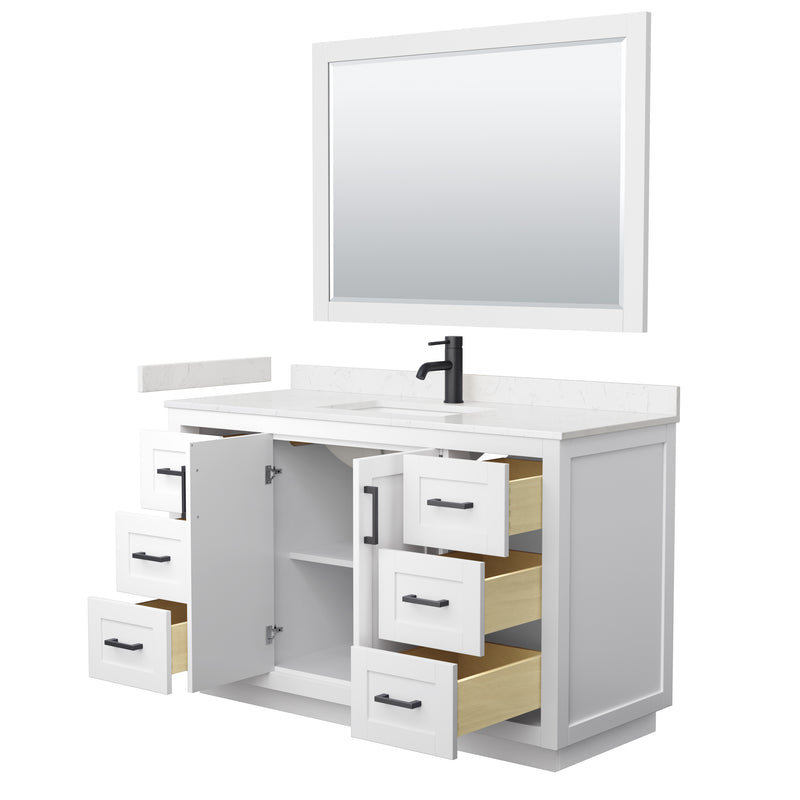 Wyndham Miranda 54" Single Bathroom Vanity In White Light-Vein Carrara Cultured Marble Countertop Undermount Square Sink Matte Black Trim 46" Mirror WCF292954SWBC2UNSM46