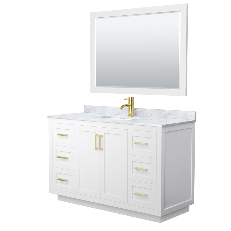 Wyndham Miranda 54" Single Bathroom Vanity In White White Carrara Marble Countertop Undermount Square Sink Brushed Gold Trim 46" Mirror WCF292954SWGCMUNSM46