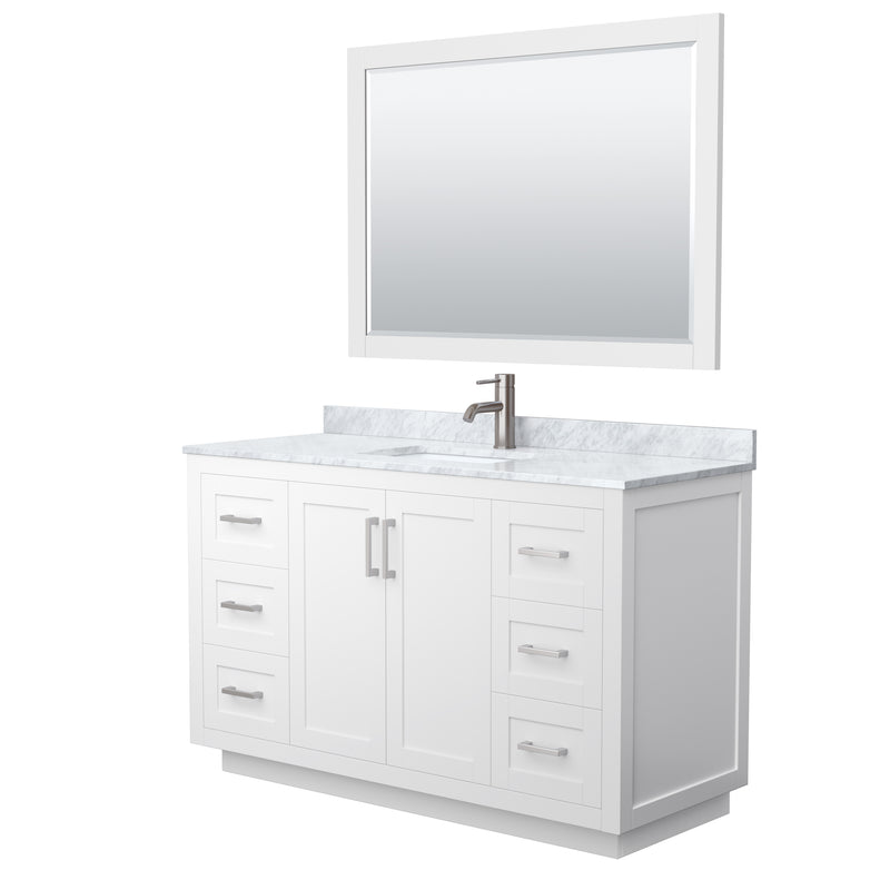 Wyndham Miranda 54" Single Bathroom Vanity In White White Carrara Marble Countertop Undermount Square Sink Brushed Nickel Trim 46" Mirror WCF292954SWHCMUNSM46