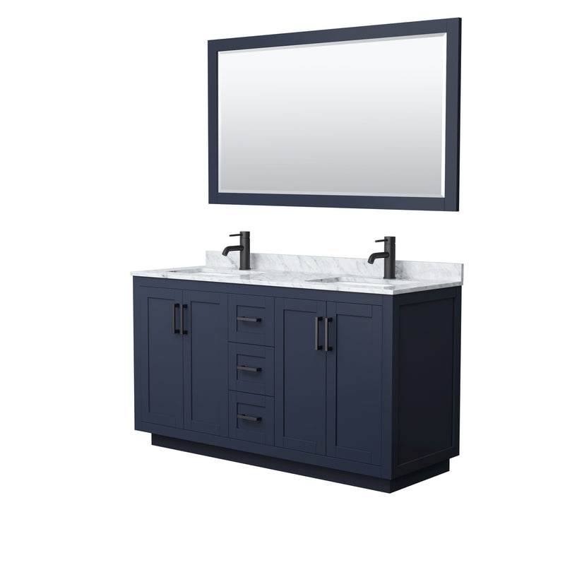 Wyndham Miranda 60" Double Bathroom Vanity In Dark Blue White Carrara Marble Countertop Undermount Square Sinks Black Trims And 58" Mirror WCF292960DBBCMUNSM58