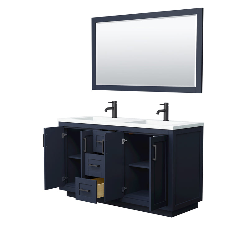 Wyndham Miranda 60" Double Bathroom Vanity In Dark Blue Matte White Solid Surface In 1.25" Thickness Integrated Sinks Black Trims and 58" Mirror WCF292960DBBK1INTM58