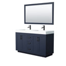 Wyndham Miranda 60" Double Bathroom Vanity In Dark Blue Matte White Solid Surface In 4" Thickness Integrated Sinks Black Trims And 58" Mirror WCF292960DBBK4INTM58