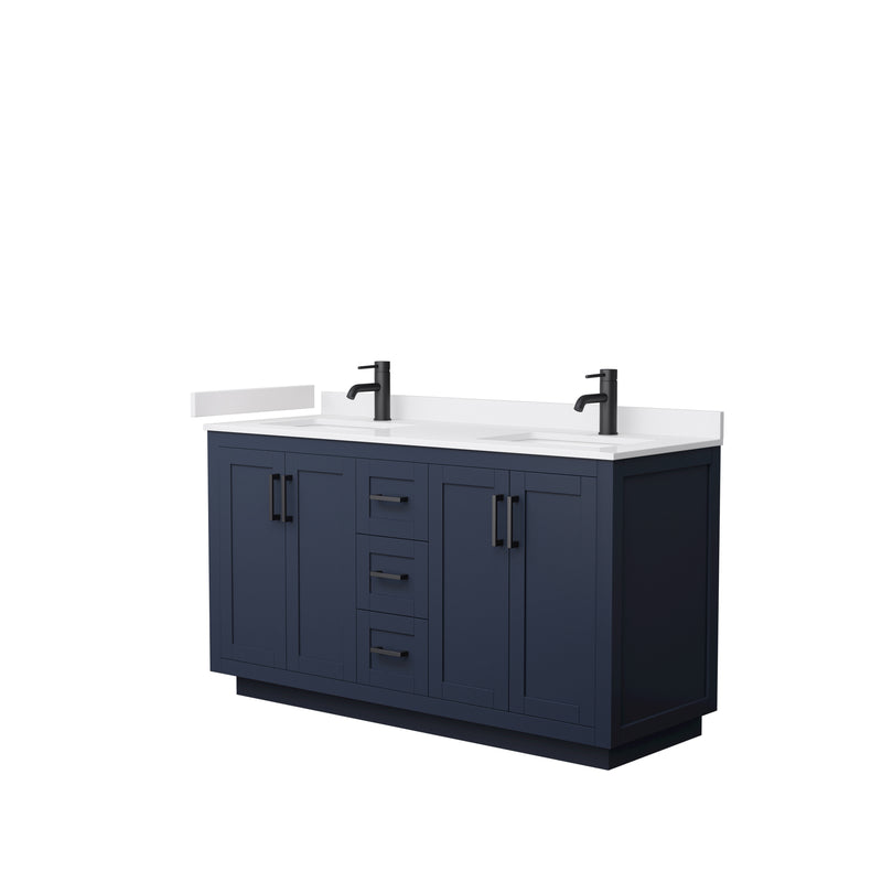 Wyndham Miranda 60" Double Bathroom Vanity In Dark Blue White Cultured Marble Countertop Undermount Square Sinks Black Trims And No Mirror WCF292960DBBWCUNSMXX