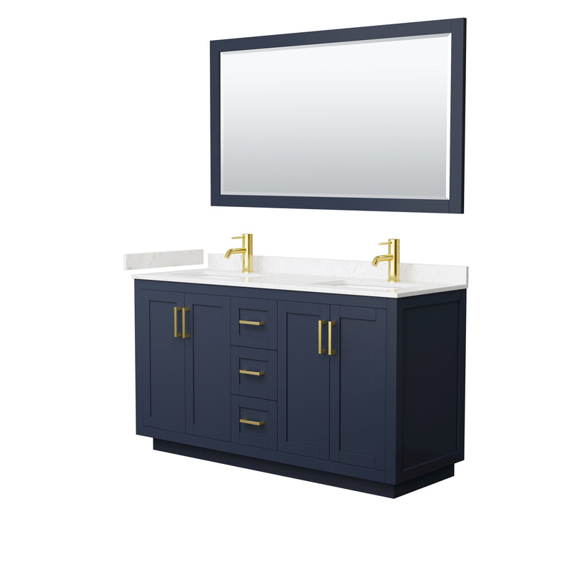 Wyndham Miranda 60" Double Bathroom Vanity In Dark Blue Light-Vein Carrara Cultured Marble Countertop Undermount Square Sinks Brushed Gold Trims And 58" Mir WCF292960DBLC2UNSM58