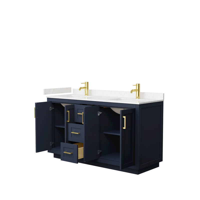 Wyndham Miranda 60" Double Bathroom Vanity In Dark Blue Light-Vein Carrara Cultured Marble Countertop Undermount Square Sinks Brushed Gold Trims and No Mirr WCF292960DBLC2UNSMXX