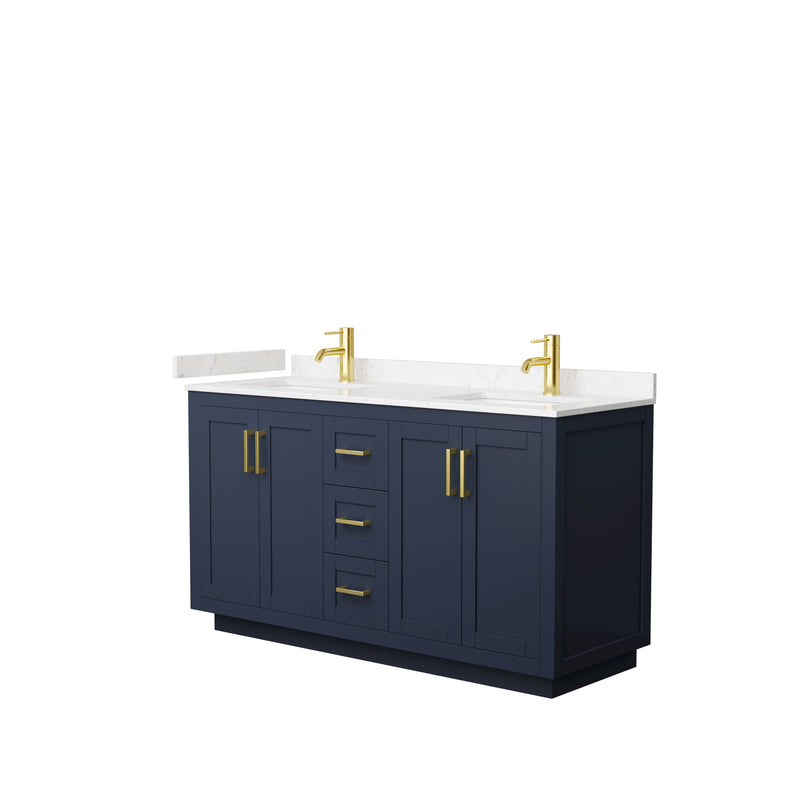 Wyndham Miranda 60" Double Bathroom Vanity In Dark Blue Light-Vein Carrara Cultured Marble Countertop Undermount Square Sinks Brushed Gold Trims And No Mirr WCF292960DBLC2UNSMXX