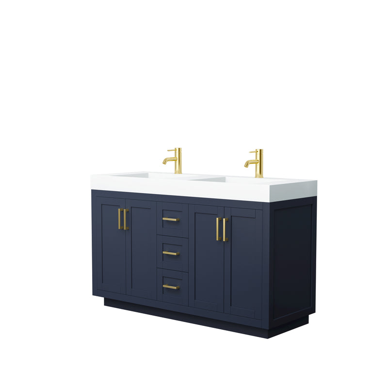 Wyndham Miranda 60" Double Bathroom Vanity In Dark Blue Matte White Solid Surface In 4" Thickness Integrated Sinks Brushed Gold Trims And No Mirror WCF292960DBLK4INTMXX