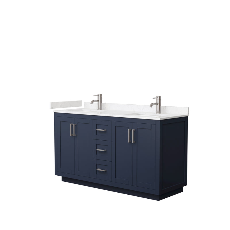 Wyndham Miranda 60" Double Bathroom Vanity In Dark Blue Light-Vein Carrara Cultured Marble Countertop Undermount Square Sinks Brushed Nickel Trims And No Mi WCF292960DBNC2UNSMXX