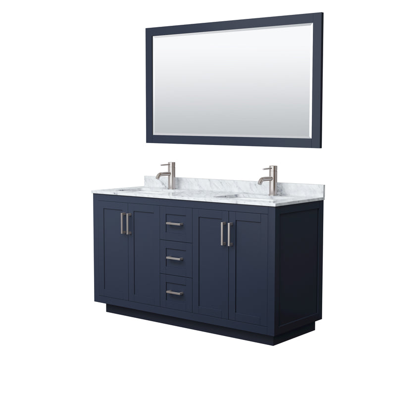 Wyndham Miranda 60" Double Bathroom Vanity In Dark Blue White Carrara Marble Countertop Undermount Square Sinks Brushed Nickel Trims And 58" Mirror WCF292960DBNCMUNSM58