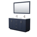 Wyndham Miranda 60" Double Bathroom Vanity In Dark Blue Matte White Solid Surface In 1.25" Thickness Integrated Sinks Brushed Nickel Trims And 58" Mirror WCF292960DBNK1INTM58