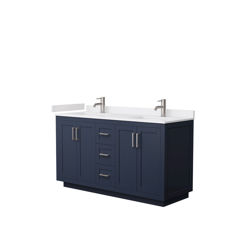 Wyndham Miranda 60" Double Bathroom Vanity In Dark Blue White Cultured Marble Countertop Undermount Square Sinks Brushed Nickel Trims And No Mirror WCF292960DBNWCUNSMXX