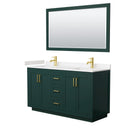 Wyndham Miranda 60" Double Bathroom Vanity In Green Light-Vein Carrara Cultured Marble Countertop Undermount Square Sinks Brushed Gold Trim 58" Mirror WCF292960DGDC2UNSM58