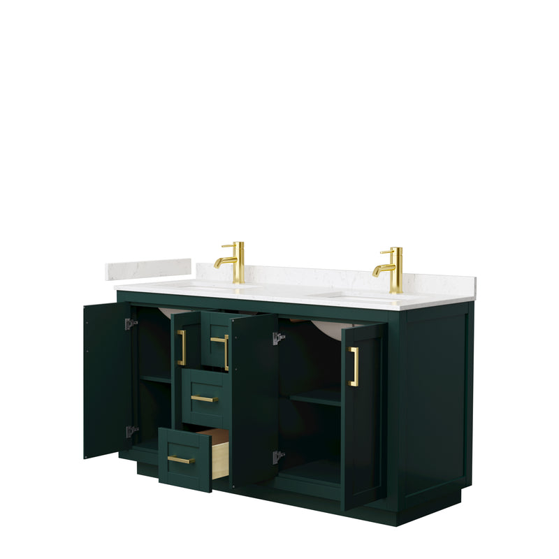 Wyndham Miranda 60" Double Bathroom Vanity In Green Light-Vein Carrara Cultured Marble Countertop Undermount Square Sinks Brushed Gold Trim WCF292960DGDC2UNSMXX