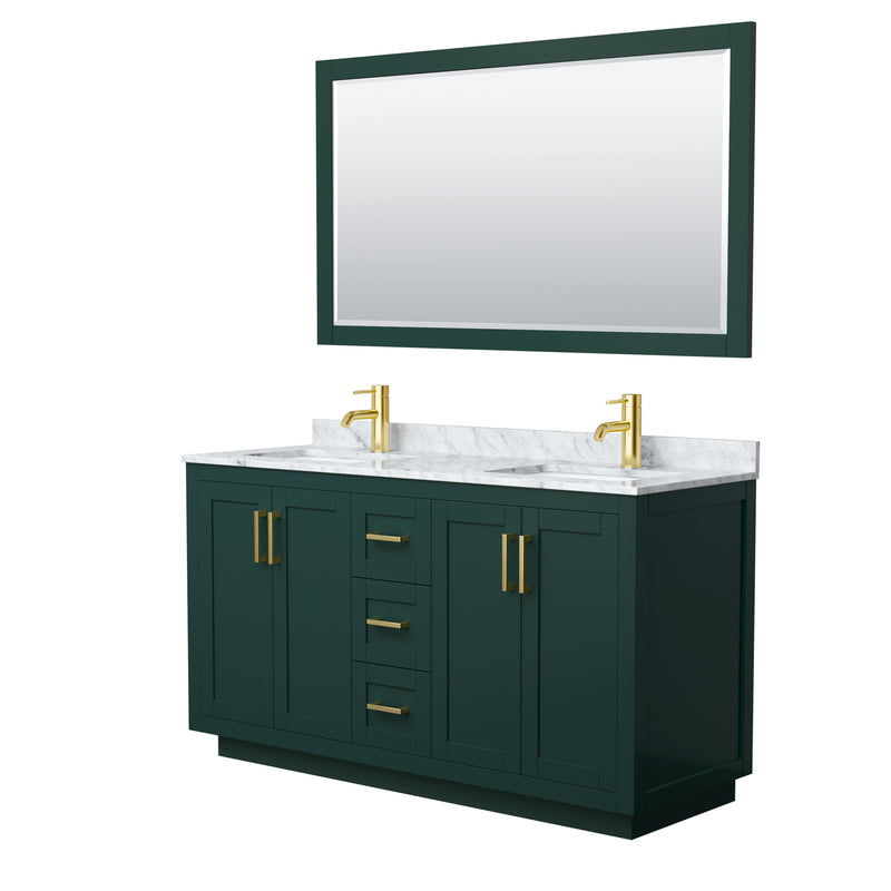 Wyndham Miranda 60" Double Bathroom Vanity In Green White Carrara Marble Countertop Undermount Square Sinks Brushed Gold Trim 58" Mirror WCF292960DGDCMUNSM58
