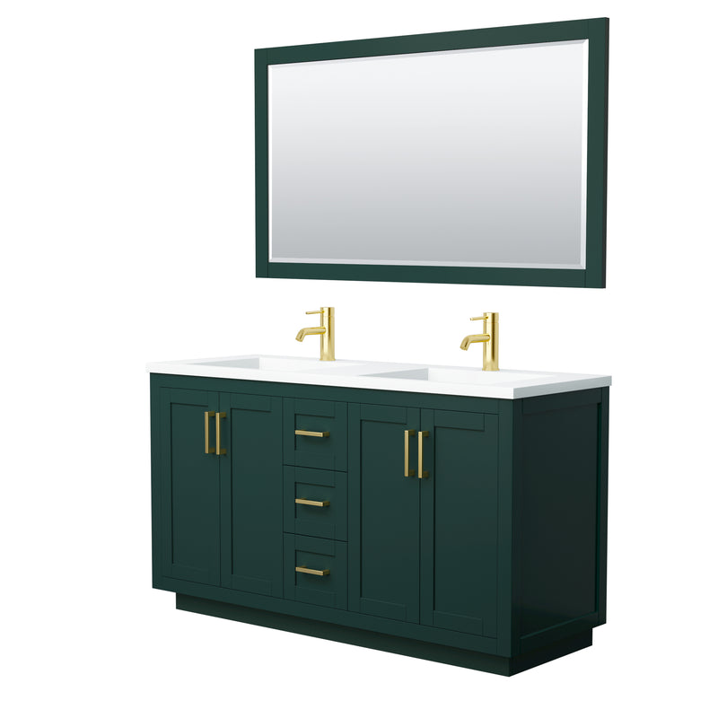 Wyndham Miranda 60" Double Bathroom Vanity In Green 1.25" Thick Matte White Solid Surface Countertop Integrated Sinks Brushed Gold Trim 58" Mirror WCF292960DGDK1INTM58