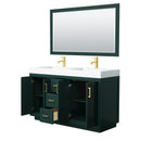 Wyndham Miranda 60" Double Bathroom Vanity In Green 4" Thick Matte White Solid Surface Countertop Integrated Sinks Brushed Gold Trim 58" Mirror WCF292960DGDK4INTM58