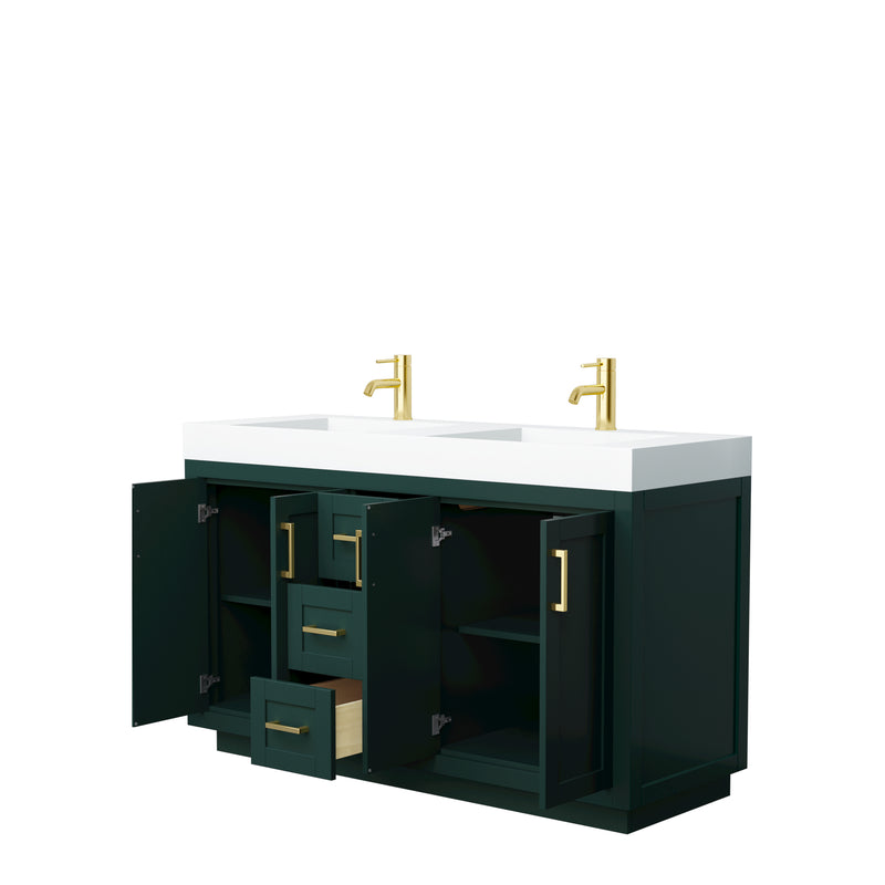 Wyndham Miranda 60" Double Bathroom Vanity In Green 4" Thick Matte White Solid Surface Countertop Integrated Sinks Brushed Gold Trim WCF292960DGDK4INTMXX