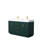 Wyndham Miranda 60" Double Bathroom Vanity In Green 4" Thick Matte White Solid Surface Countertop Integrated Sinks Brushed Gold Trim WCF292960DGDK4INTMXX