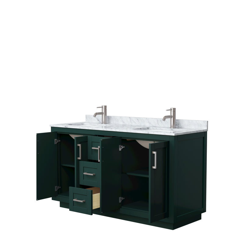 Wyndham Miranda 60" Double Bathroom Vanity In Green White Carrara Marble Countertop Undermount Square Sinks Brushed Nickel Trim WCF292960DGECMUNSMXX