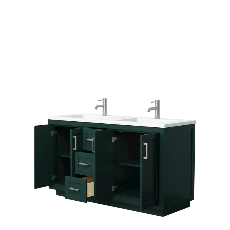 Wyndham Miranda 60" Double Bathroom Vanity In Green 1.25" Thick Matte White Solid Surface Countertop Integrated Sinks Brushed Nickel Trim WCF292960DGEK1INTMXX