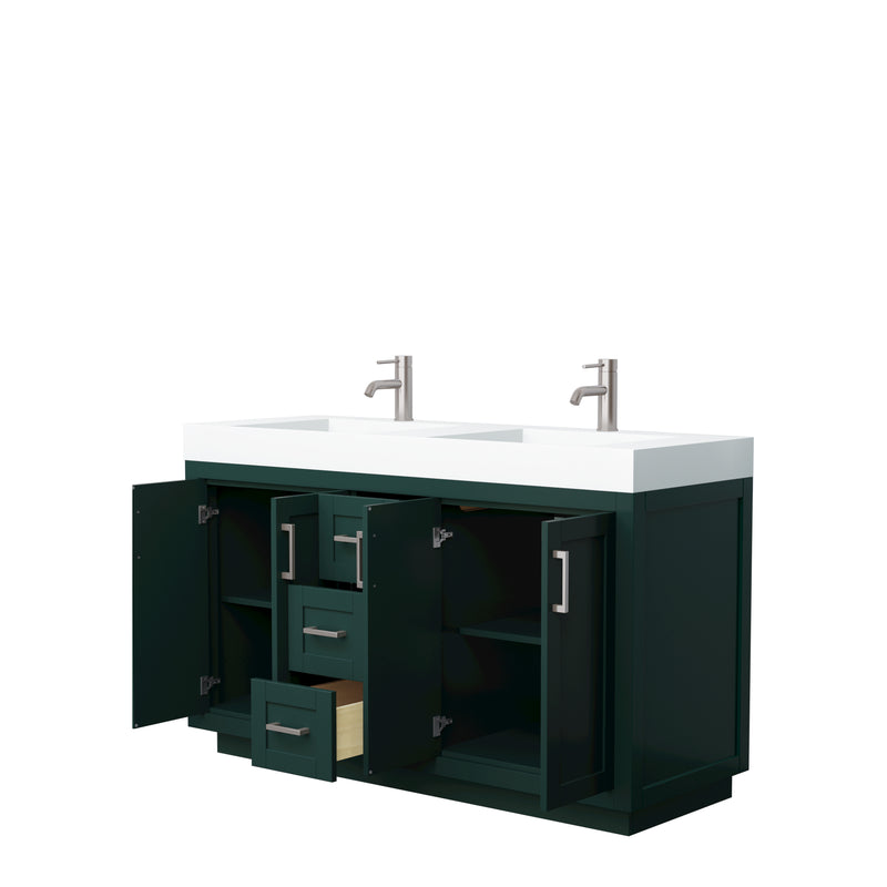 Wyndham Miranda 60" Double Bathroom Vanity In Green 4" Thick Matte White Solid Surface Countertop Integrated Sinks Brushed Nickel Trim WCF292960DGEK4INTMXX