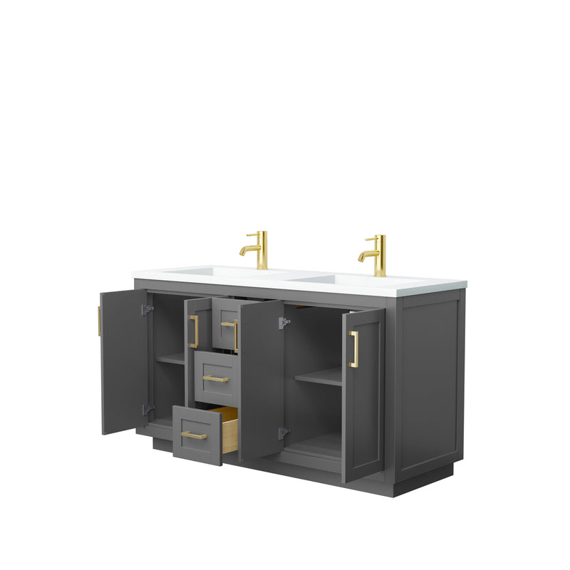 Wyndham Miranda 60" Double Bathroom Vanity In Dark Gray Matte White Solid Surface In 1.25" Thickness Integrated Sinks Brushed Gold Trims and No Mirror WCF292960DGGK1INTMXX