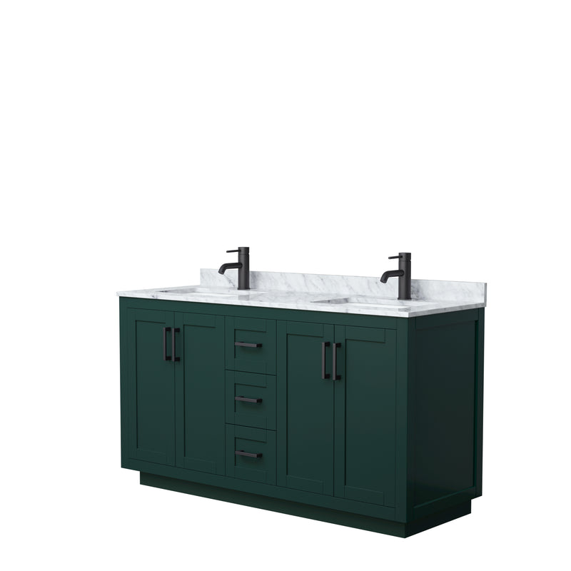 Wyndham Miranda 60" Double Bathroom Vanity In Green White Carrara Marble Countertop Undermount Square Sinks Matte Black Trim WCF292960DGKCMUNSMXX