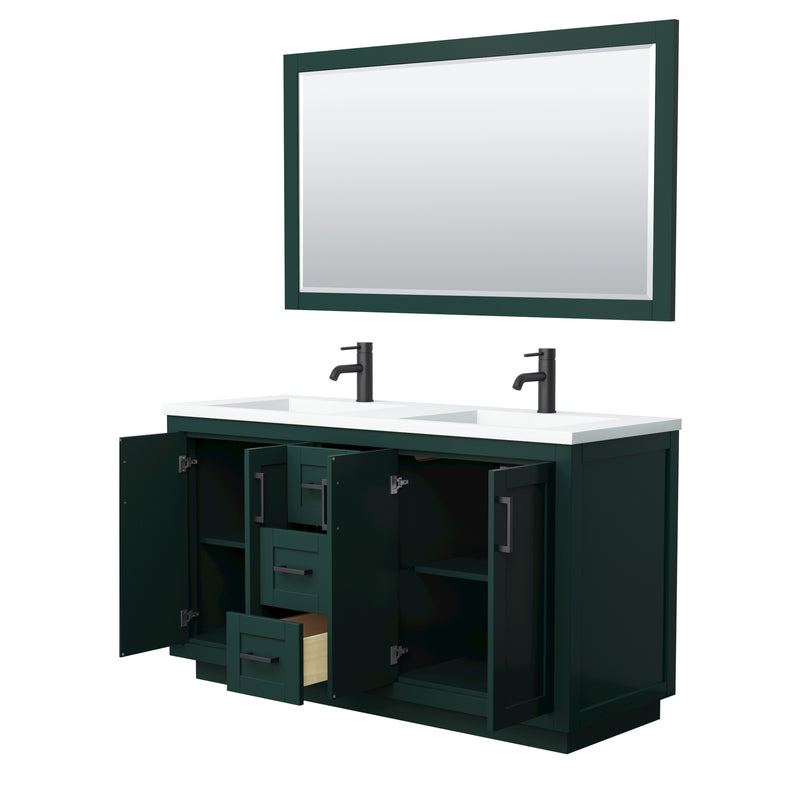 Wyndham Miranda 60" Double Bathroom Vanity In Green 1.25" Thick Matte White Solid Surface Countertop Integrated Sinks Matte Black Trim 58" Mirror WCF292960DGKK1INTM58