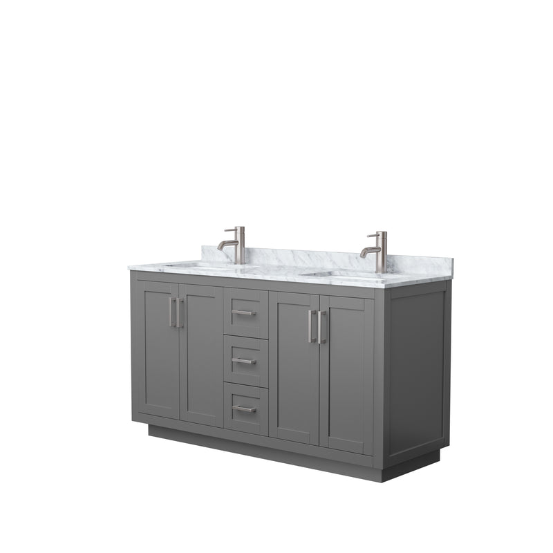 Wyndham Miranda 60" Double Bathroom Vanity In Dark Gray White Carrara Marble Countertop Undermount Square Sinks Brushed Nickel Trims And No Mirror WCF292960DKGCMUNSMXX