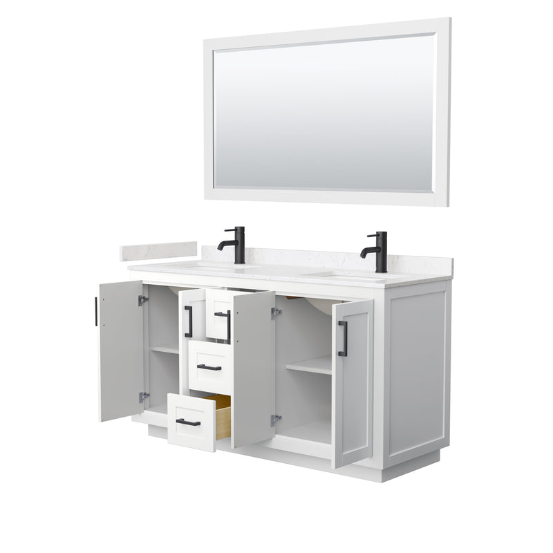 Wyndham Miranda 60" Double Bathroom Vanity In White Light-Vein Carrara Cultured Marble Countertop Undermount Square Sinks Black Trims and 58" Mirror WCF292960DWBC2UNSM58