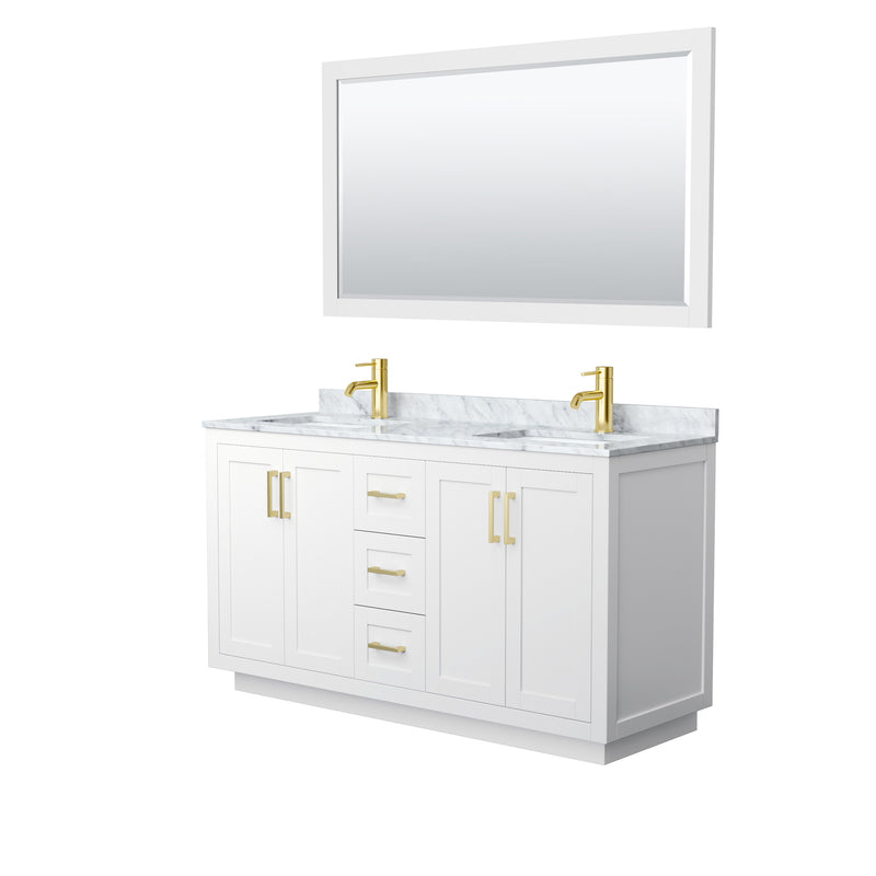 Wyndham Miranda 60" Double Bathroom Vanity In White White Carrara Marble Countertop Undermount Square Sinks Brushed Gold Trims And 58" Mirror WCF292960DWGCMUNSM58