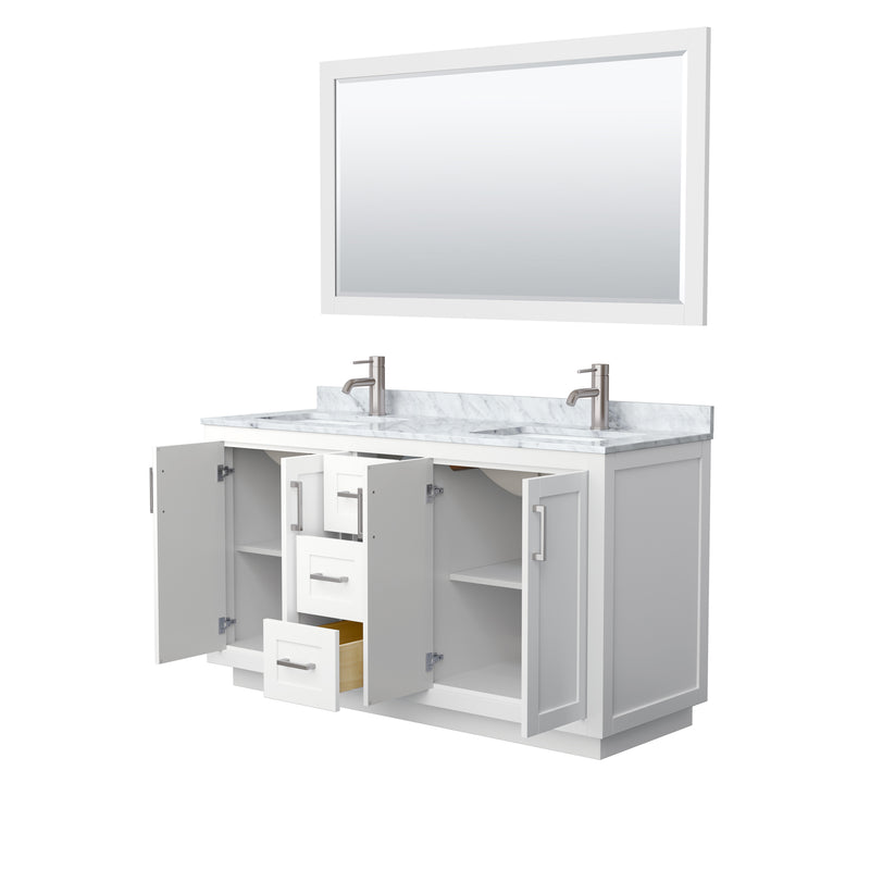 Wyndham Miranda 60" Double Bathroom Vanity In White White Carrara Marble Countertop Undermount Square Sinks Brushed Nickel Trims and 58" Mirror WCF292960DWHCMUNSM58