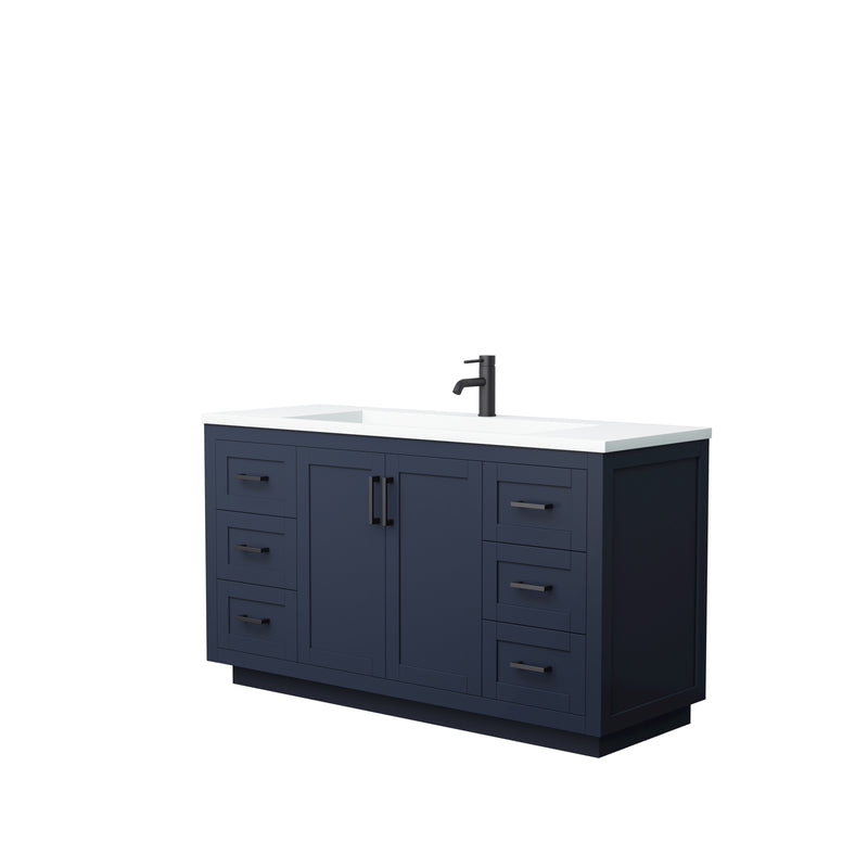 Wyndham Miranda 60" Single Bathroom Vanity In Dark Blue Matte White Solid Surface In 1.25" Thickness Integrated Sink Black Trims And No Mirror WCF292960SBBK1INTMXX