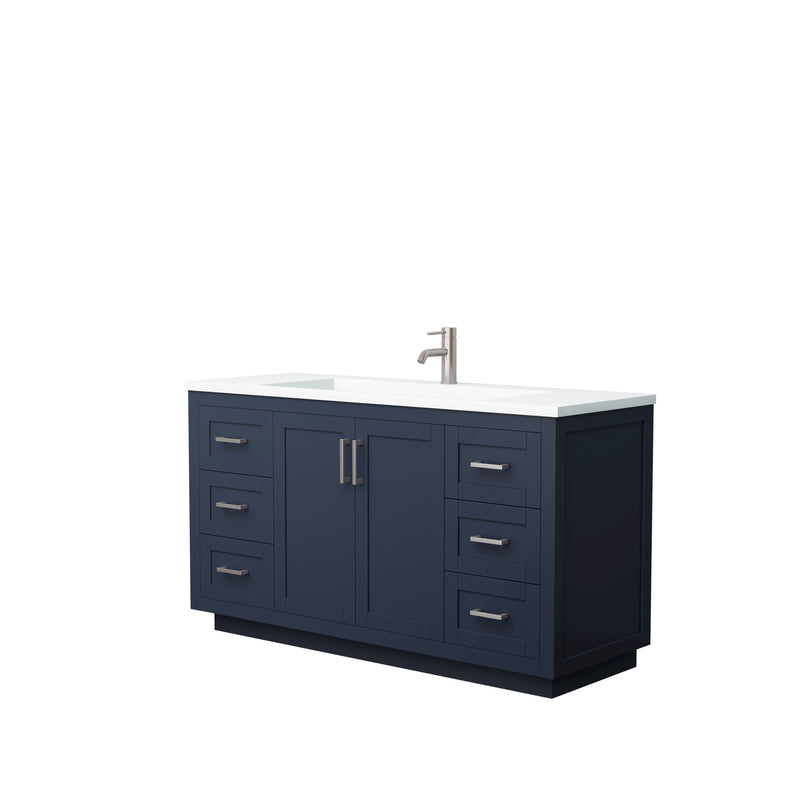 Wyndham Miranda 60" Single Bathroom Vanity In Dark Blue Matte White Solid Surface In 1.25" Thickness Integrated Sink Brushed Nickel Trims And No Mirror WCF292960SBNK1INTMXX