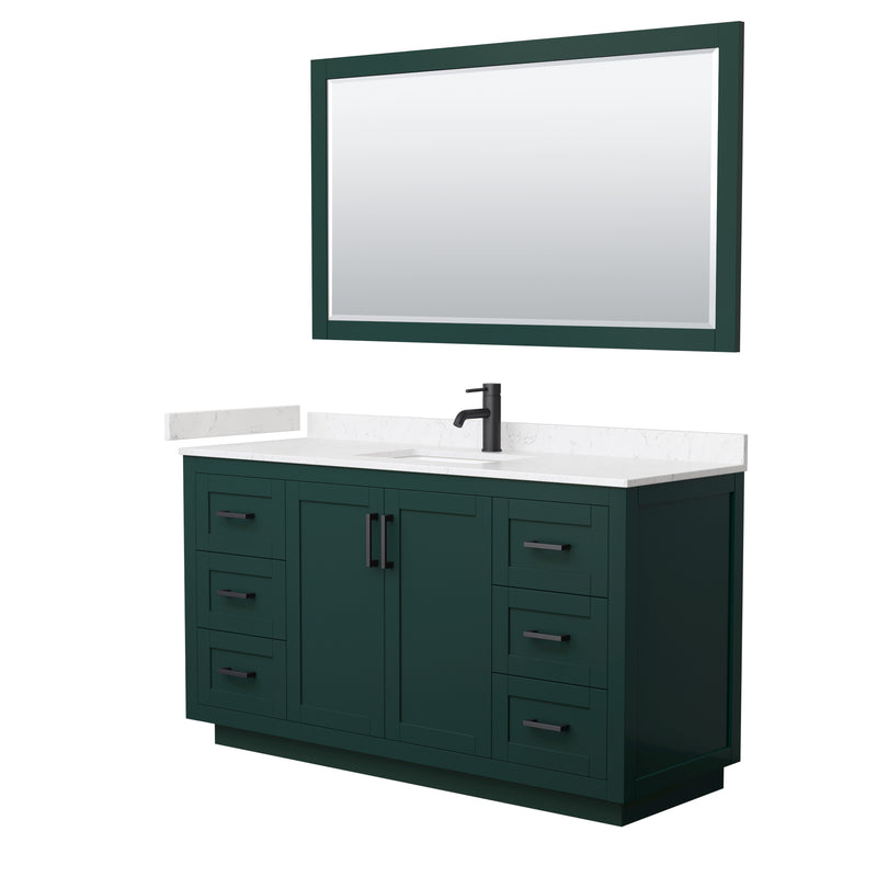 Wyndham Miranda 60" Single Bathroom Vanity In Green Light-Vein Carrara Cultured Marble Countertop Undermount Square Sink Matte Black Trim 58" Mirror WCF292960SGKC2UNSM58