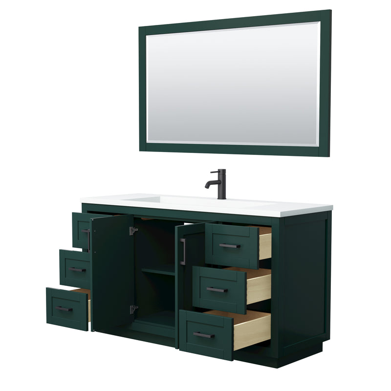 Wyndham Miranda 60" Single Bathroom Vanity In Green 1.25" Thick Matte White Solid Surface Countertop Integrated Sink Matte Black Trim 58" Mirror WCF292960SGKK1INTM58