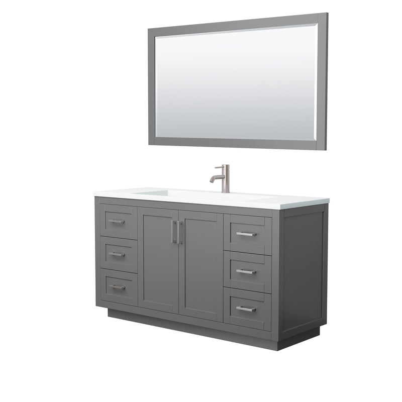 Wyndham Miranda 60" Single Bathroom Vanity In Dark Gray Matte White Solid Surface In 1.25" Thickness Integrated Sink Brushed Nickel Trims And 58" Mirror WCF292960SKGK1INTM58