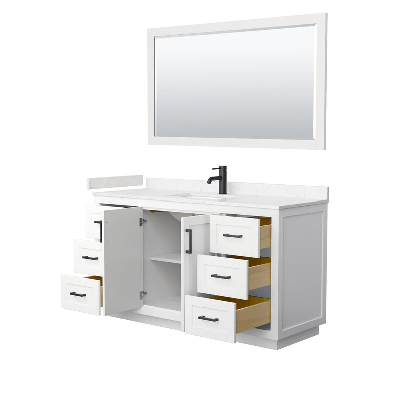 Wyndham Miranda 60" Single Bathroom Vanity In White Light-Vein Carrara Cultured Marble Countertop Undermount Square Sink Black Trims and 58" Mirror WCF292960SWBC2UNSM58