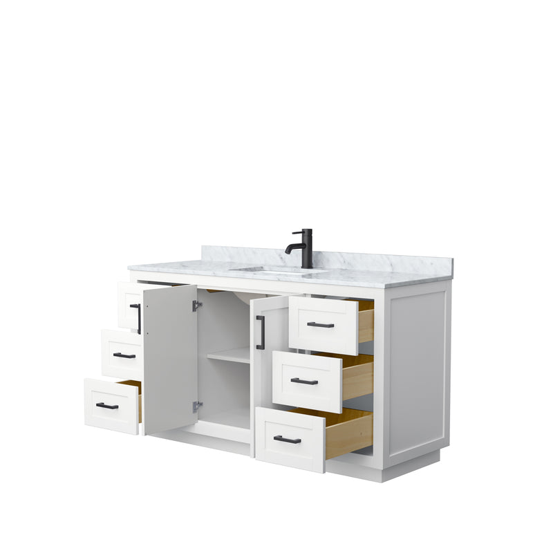 Wyndham Miranda 60" Single Bathroom Vanity In White White Carrara Marble Countertop Undermount Square Sink Black Trims and No Mirror WCF292960SWBCMUNSMXX