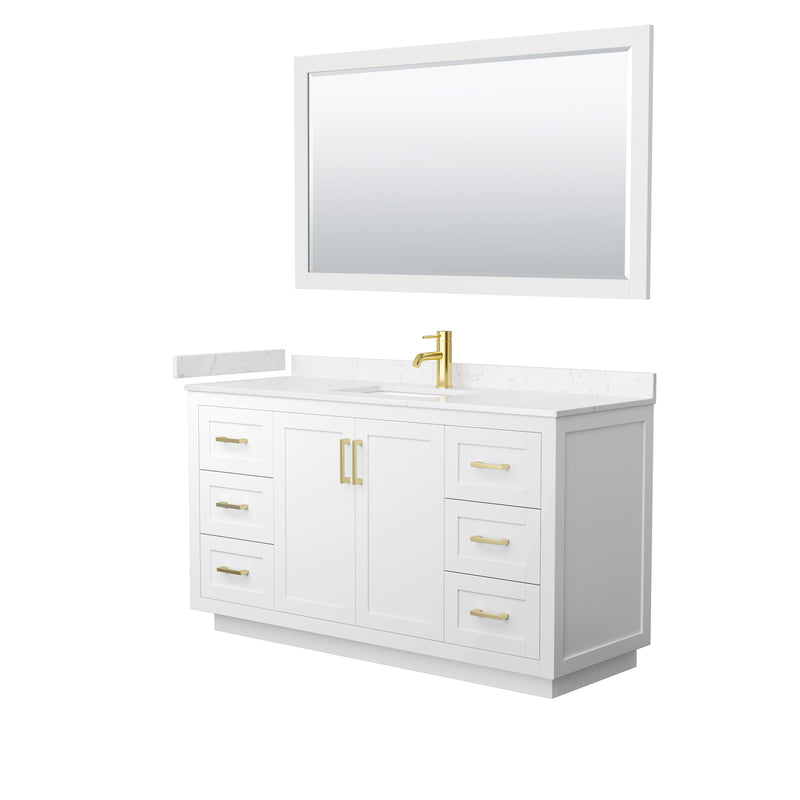 Wyndham Miranda 60" Single Bathroom Vanity In White Light-Vein Carrara Cultured Marble Countertop Undermount Square Sink Brushed Gold Trims And 58" Mirror WCF292960SWGC2UNSM58