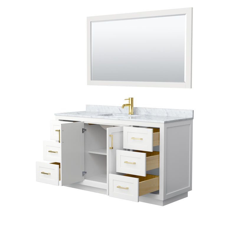 Wyndham Miranda 60" Single Bathroom Vanity In White White Carrara Marble Countertop Undermount Square Sink Brushed Gold Trims and 58" Mirror WCF292960SWGCMUNSM58