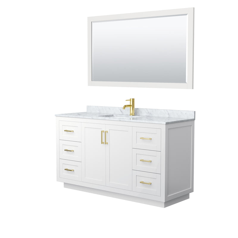 Wyndham Miranda 60" Single Bathroom Vanity In White White Carrara Marble Countertop Undermount Square Sink Brushed Gold Trims And 58" Mirror WCF292960SWGCMUNSM58