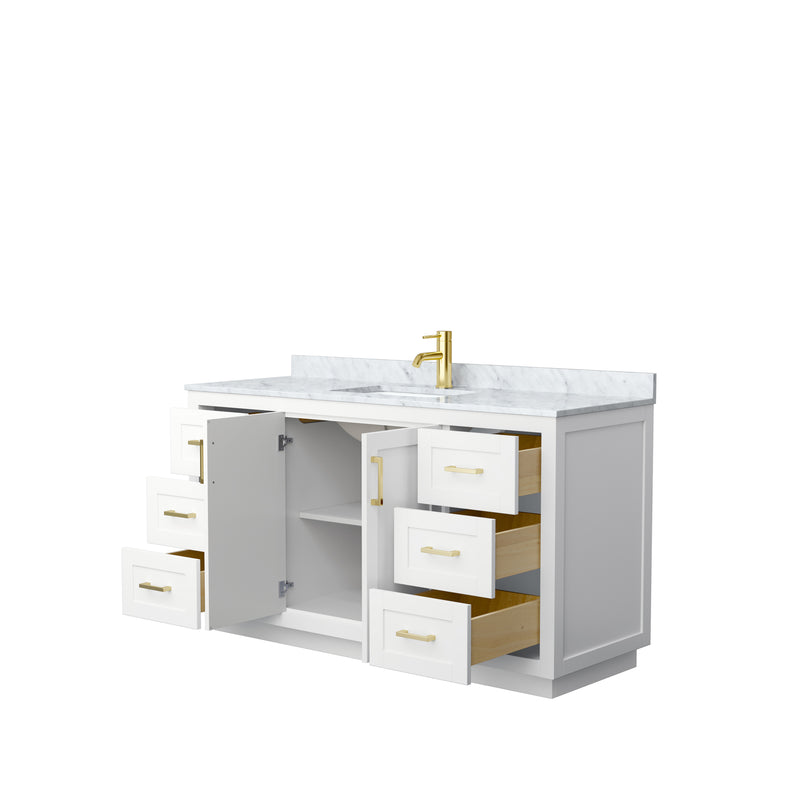 Wyndham Miranda 60" Single Bathroom Vanity In White White Carrara Marble Countertop Undermount Square Sink Brushed Gold Trims and No Mirror WCF292960SWGCMUNSMXX