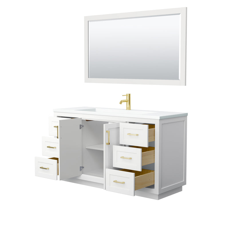 Wyndham Miranda 60" Single Bathroom Vanity In White Matte White Solid Surface In 1.25" Thickness Integrated Sink Brushed Gold Trims and 58" Mirror WCF292960SWGK1INTM58