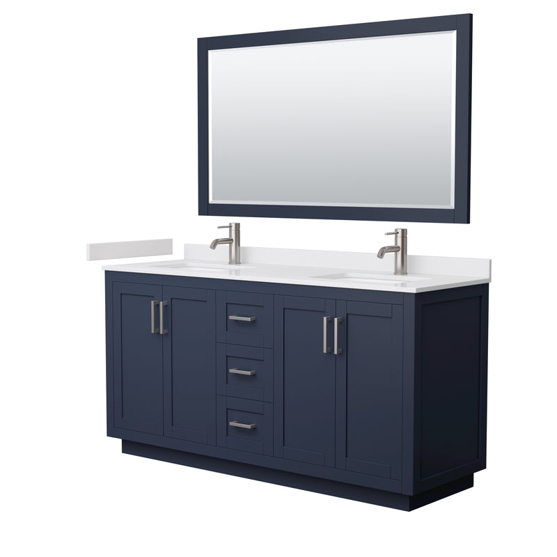 Wyndham Miranda 66" Double Bathroom Vanity In Dark Blue White Cultured Marble Countertop Undermount Square Sinks Brushed Nickel Trim 58" Mirror WCF292966DBNWCUNSM58